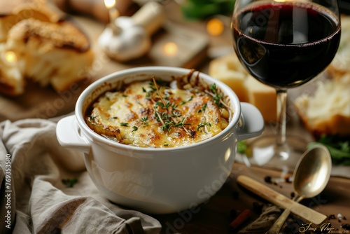 A close-up view of a bowl of French onion soup placed next to a glass of red wine, showcasing a classic food and wine pairing