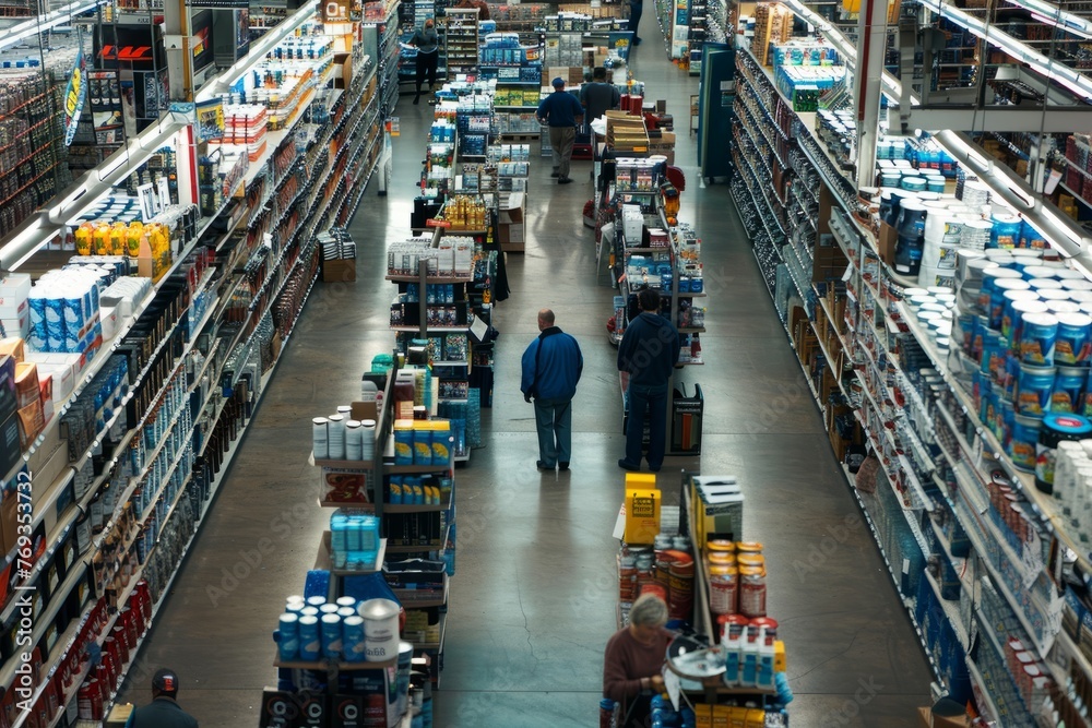A man walks down an aisle in a grocery store, browsing the shelves for products