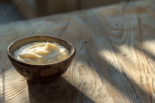 A wooden bowl filled with cream sits on a wooden table, showcasing a simple yet elegant presentation