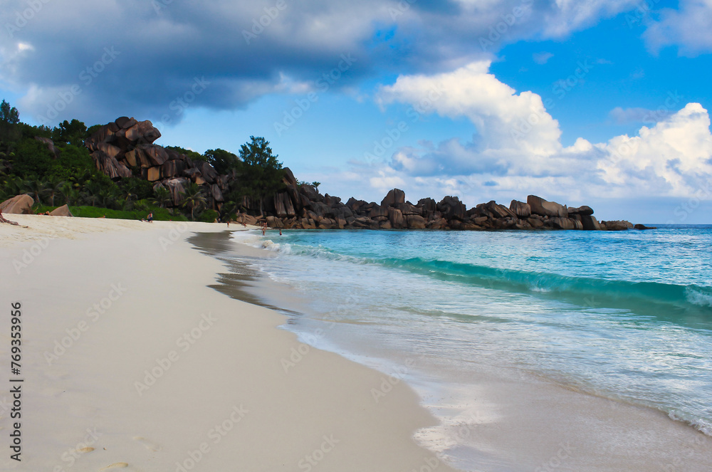 The quiet beauty of the scenic Grand Anse beach on La Digue Island, Seychelles