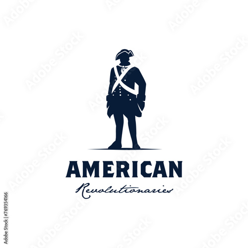 American Patriot Wear Tricorn Hat Standing Silhouette.Army Military Revolution War Logo Design