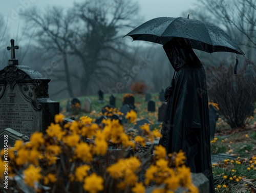 A woman clad in a cloak stands solemnly in a cemetery, holding an umbrella overhead, surrounded by tombstones and memorials. photo