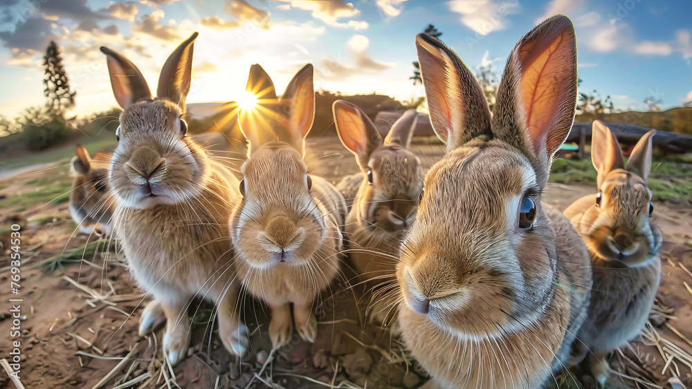 Obraz premium A group of rabbits standing closely next to each other in a field