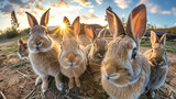 A group of rabbits standing closely next to each other in a field