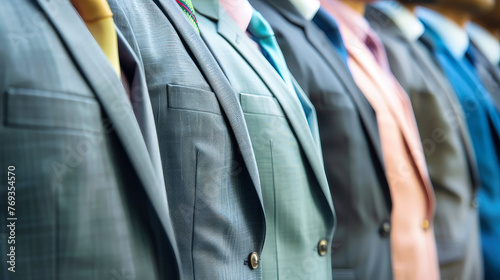 A row of neatly lined up mens suits, worn by office workers, creating a professional and organized display