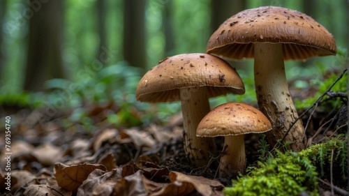 Three mushrooms are growing in the forest floor near each other. Generative AI.
