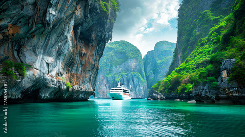 A cruise ship navigating through a tropical bay with clear blue water and lush greenery surrounding