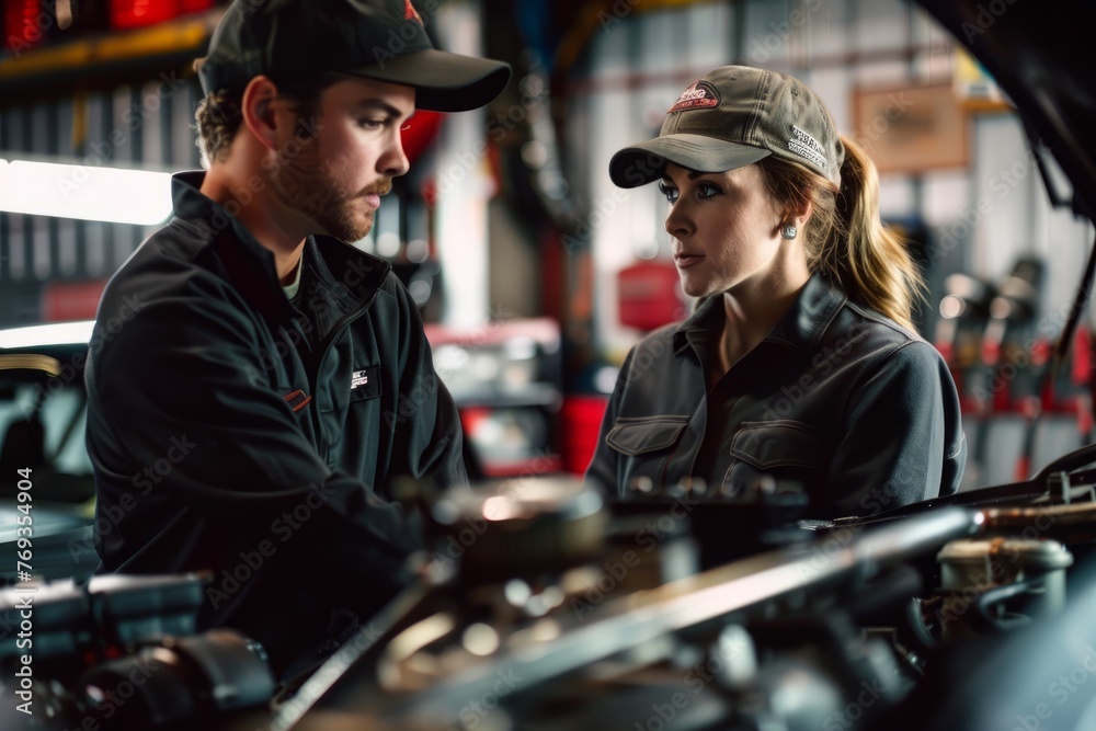 A man and woman are seen discussing and working on a car in a garage setting, focusing on car parts