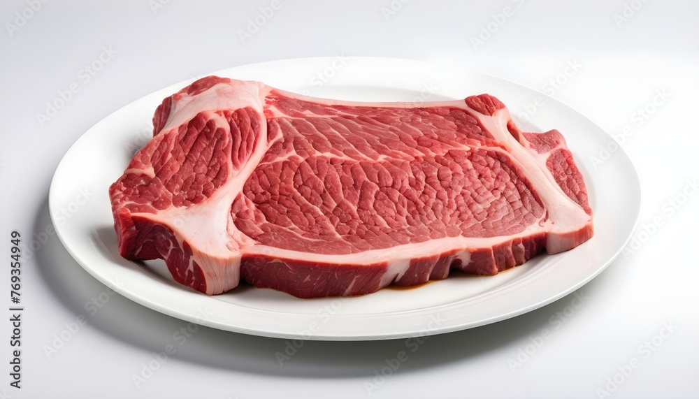 Raw Beef Rib Meat on a White Plate Raw Beef Rib Meat on a White Plate