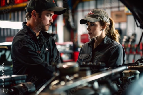 A man and woman are seen discussing and working on a car in a garage setting  focusing on car parts