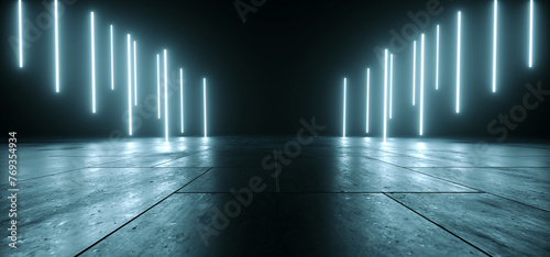 Cyber Tunnel Corridor Stadium Futuristic Sci Fi Alien Dark Huge Warehouse Cement Concrete Grunge Room With Neon Laser Glowing Stage Showcase 3D Rendering