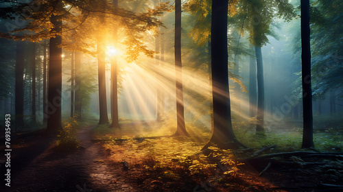 Autumn forest at sunrise. Beauty nature scene with sunbeams
