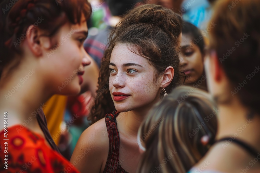 A group of young women standing next to each other, engaging in conversation under shallow depth of field, creating a sense of connection within the crowd