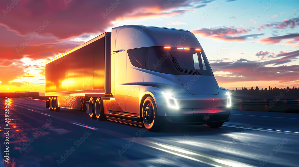 A white semi truck with a cargo trailer drives down a highway against the backdrop of a sunset