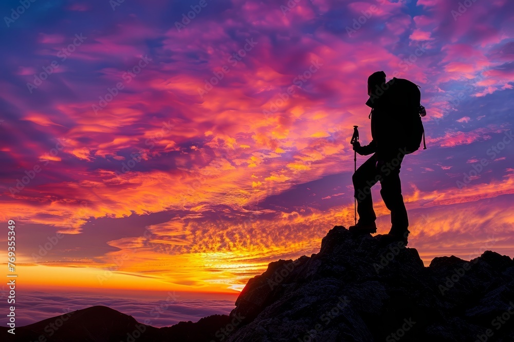 A man stands on top of a mountain, wearing a backpack, silhouetted against vibrant sunrise colors