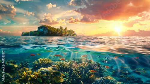 A realistic painting of a vibrant coral reef with various marine life, set against a colorful sunset on the horizon