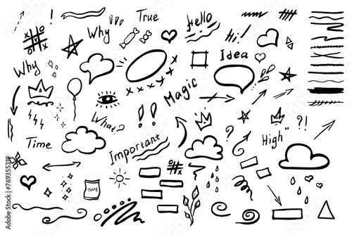 Doodle design elements, on white background. Marker pen lines, Arrows, crowns, brush stroke, sun, cloud, star. Vector illustration on white background