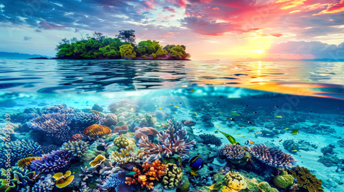 A coral reef with a vibrant sunset in the background, showcasing the colorful marine life and the sun setting on the horizon
