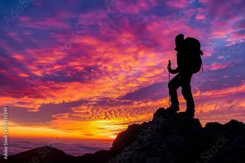 A man stands on top of a mountain  wearing a backpack  silhouetted against vibrant sunrise colors