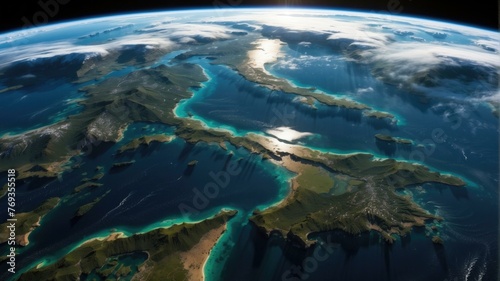 The earth from space, with the sun shining over the ocean. Generative AI.