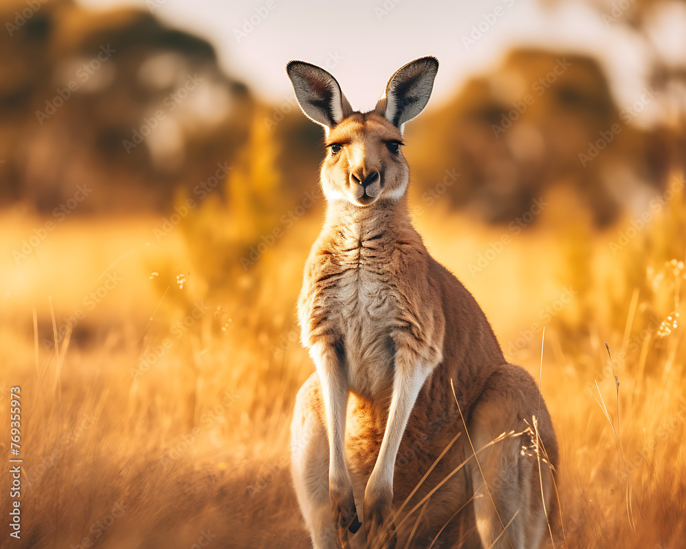 A majestic kangaroo stands tall against the backdrop of the Australian outback and a clear blue sky