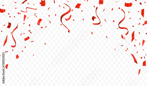 Red confetti and ribbons celebration background For parties and festivals on a transparent background. Luxury greeting card. Vector illustration