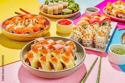 sushi set on the color background