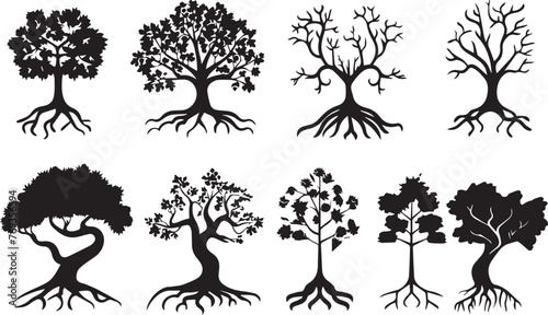 Silhouette vector of tree and root on white background