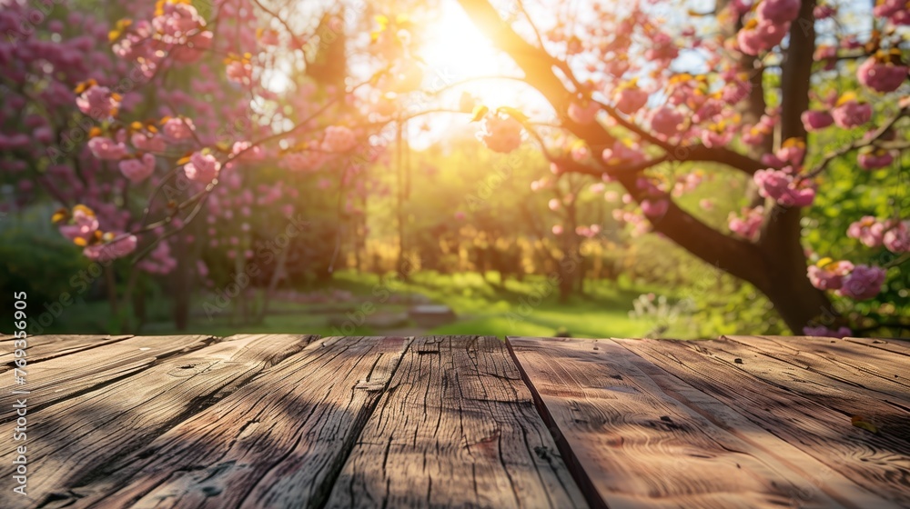 empty wooden Table With Trees Blooming And a blurry Sunny Garden Background for the product display banner. copy space empty wooden Table With Trees Blooming And a blurry Sunny Garden Background for the product display banner. copy space