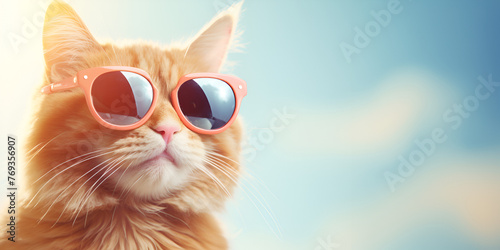 Funny ginger cat wearing sunglasses in closeup portrait  with blue sky background
 photo