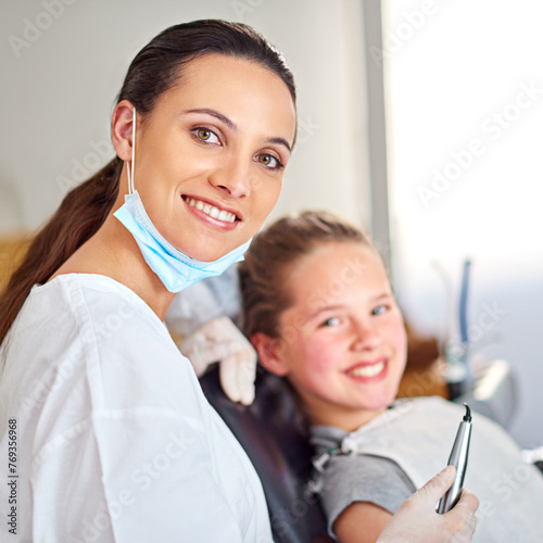Portrait, dentist and woman with tools for happy child in medical exam, orthodontics or cleaning teeth. Face, smile and dental doctor with kid for tooth care, oral health or pediatrician with laser