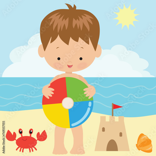 Toddler boy with ball on summer beach vector cartoon illustration