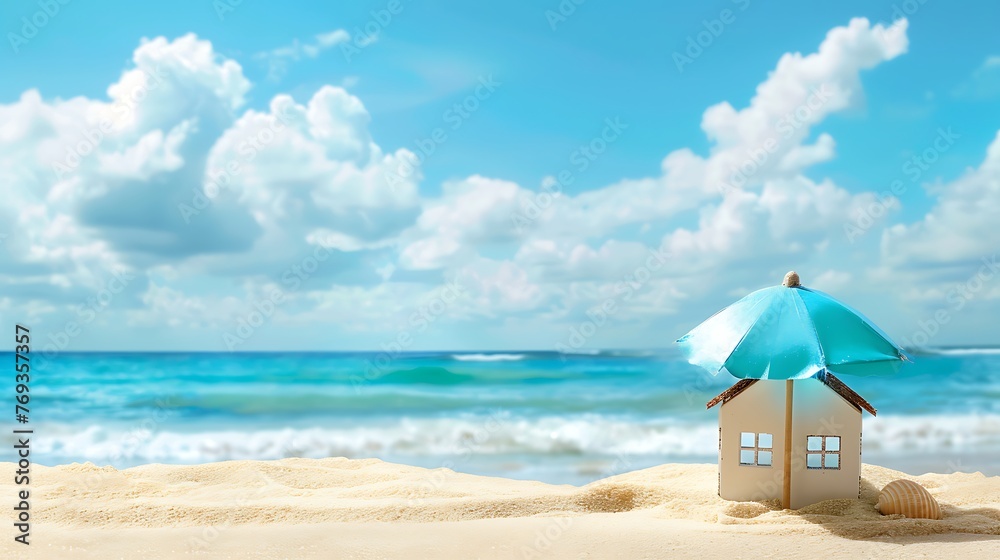 Little house and umbrella on sand ocean side blue ocean and sky on ...