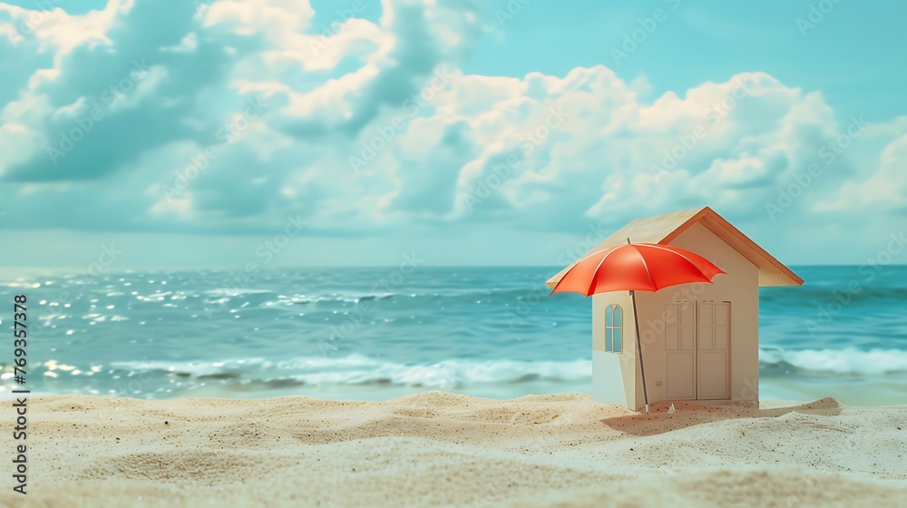 Little house and umbrella on sand ocean side blue ocean and sky on obscured background Little house and umbrella on sand ocean side blue ocean and sky on obscured background