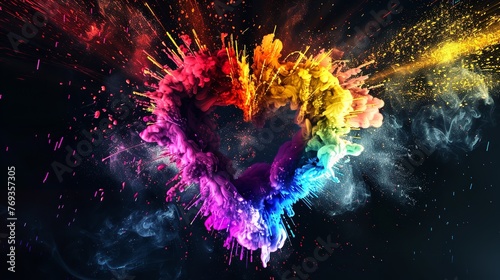 Abstract Colorful Heart Shape Explosion on Black Background