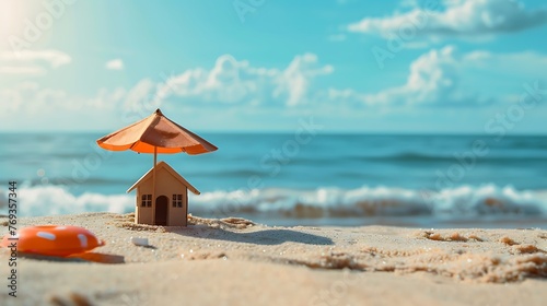Little house and umbrella on sand ocean side blue ocean and sky on obscured background