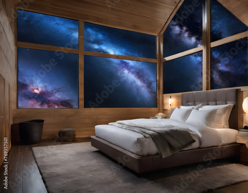 Galactic Dreams: A Bedroom Under the Starry Galaxy Sky