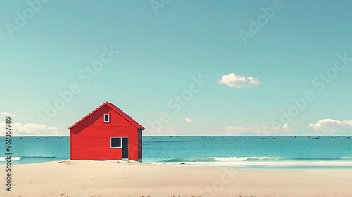 minimal red house on sand ocean side tropical normal scenery © Emma