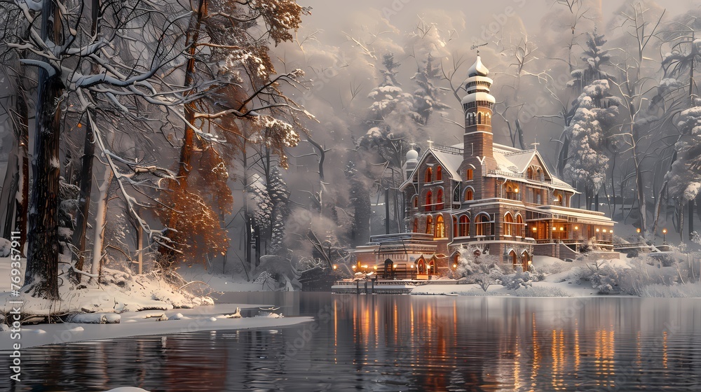 winter landscape dreamlike architecture abstract decorative painting