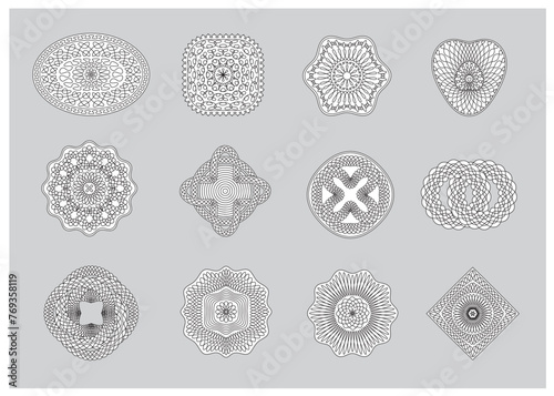 Set of vector Guilloché rosettes outlines