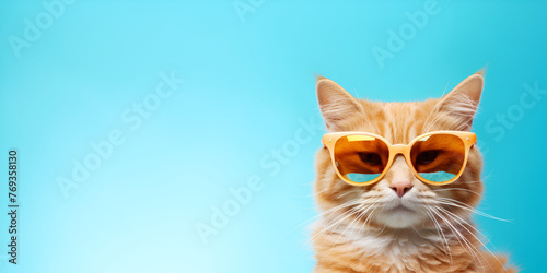 A cat enjoying summer with sun glasses Photography with blue sky background 