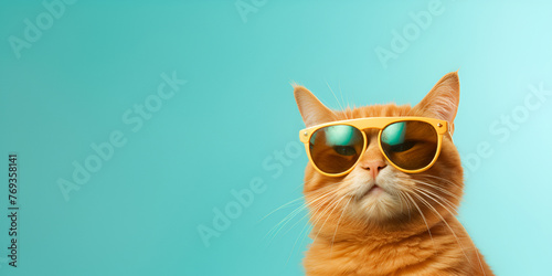 A cat wearing sunglasses that says'cat'on it ' Smile with blue sky background 