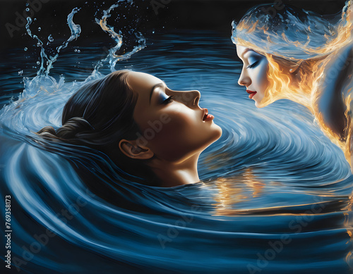 Elemental Embrace: Women Kissing in Fire and Water photo
