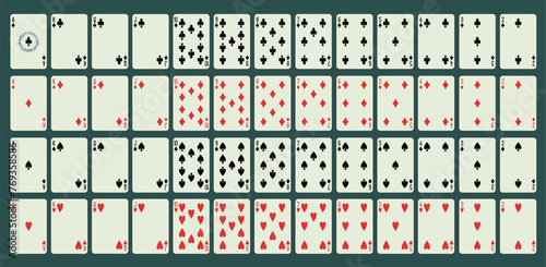 Classic playing cards (poker, bridge), full deck. Printable, vector and editable.