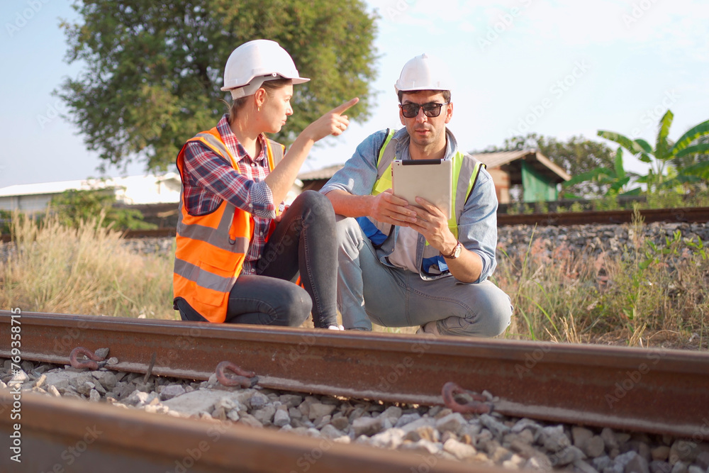 Engineers working together at rail construction. Engineers working together at rail construction.