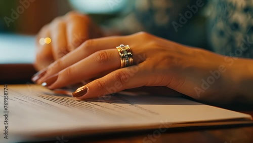 Close up of a woman's hand wearing wedding ring signing divorce papers photo