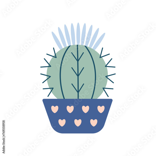 Colorful blooming cacti, succulent in pot. Cute hand drawn sketch of cactus. Doodle style, flat design. Scandinavian, boho style. Vector illustration. Exotic and Tropical Plant, home decor