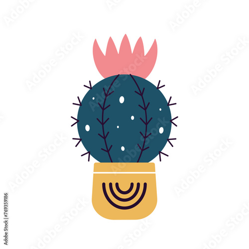 Colorful blooming cacti, succulent in pot. Cute hand drawn sketch of cactus. Doodle style, flat design. Scandinavian, boho style. Vector illustration. Exotic and Tropical Plant, home decor
