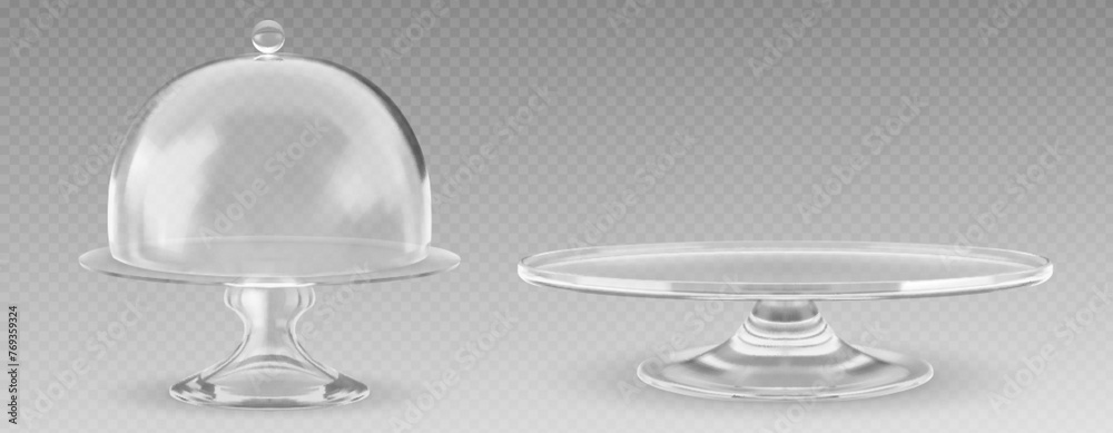 Cake glass stand with dome bell cover mockup. Realistic 3d vector illustration set of transparent plastic empty tray with cap. Dessert bakery cloche pedestal. Cylinder glassware showcase or platter - obrazy, fototapety, plakaty 