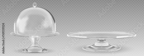 Cake glass stand with dome bell cover mockup. Realistic 3d vector illustration set of transparent plastic empty tray with cap. Dessert bakery cloche pedestal. Cylinder glassware showcase or platter